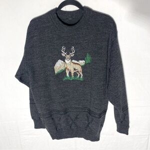 Vintage Grey Crew Neck Dad Sweater With Embroidered Deer S